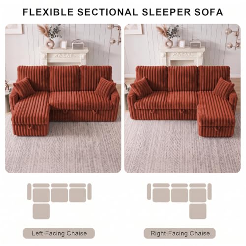 Image of KCGKCG 81 inch Sectional Sleeper Sofa Bed with Storage Chaise & USB Charging, Plush Corduroy L-Shaped Pull Out Couch Bed, Modular Sectional Sofa Couches for Living Room Bedroom, Red