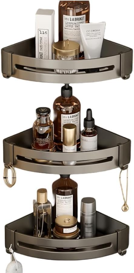 LSWYYP 3 Pcs Triangle Adhesive Shower Caddy Corner with Hooks Aluminum Large Capacity Shower Storage No Drilling Wall
