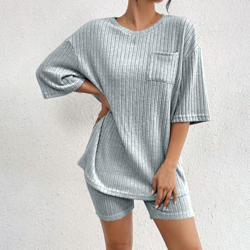 JiXiang Pajamas 2 Piece Lounge Sets Ribbed Knit Matching Outfits T-shirt Biker Shorts Sleepwear Loungewear Sweatsuits2