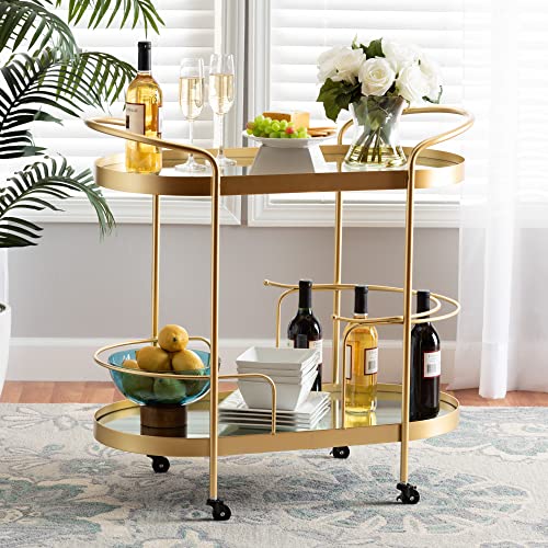 Baxton Studio Kamal Modern And Contemporary Glam Brushed Gold Finished Metal And Mirrored Glass 2-Tier Mobile Wine Bar Cart #TOP5