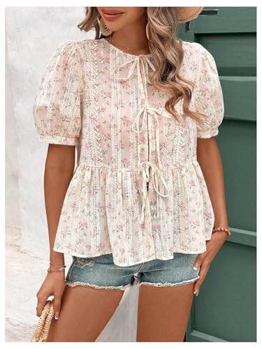 WDIRARA Women's Floral Print Bow Tie Front Blouse Puff Short Sleeve Round Neck Peplum Babydoll Shirt4