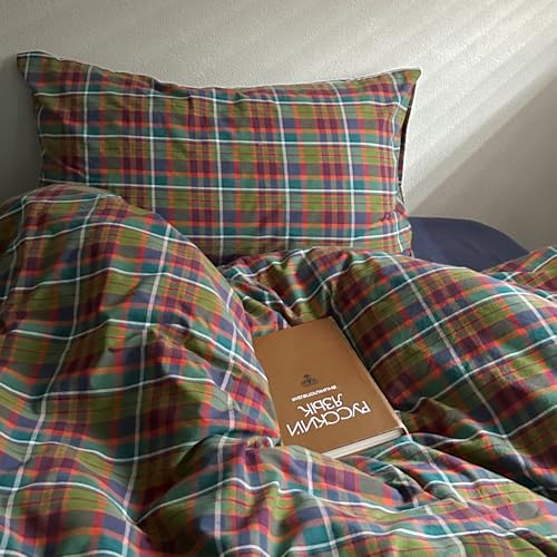 Image of MKXI Buffalo Plaid Duvet Cover Set 3 Piece Vintage Bedding in Kelly Green, Navy & Red | 100% Washed Cotton Reversible Design with Zipper Closure & Corner Ties,Shabby Chic Aesthetic for Queen