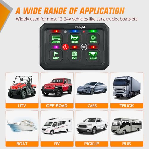 Image of Nilight 6 Gang Switch Panel Green 12V 60A Circuit Control System 4-Mode | Fuse Wiring Harness Automatic Dimmable LED Pod Toggle /Momentary /Strobe /Flash Modes for Car Pickup Truck Camper SUV