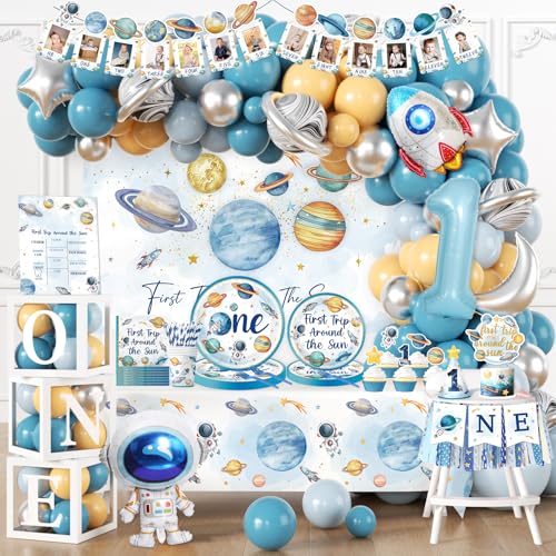 First Trip Around The Sun Decorations Boy, All-in-1 Space Themed 1st Birthday Decorations Boy with Balloon Arch Kit Photo Banner Highchair Banner One Boxes Tableware Cake Toppers Tablecloth Backdrop