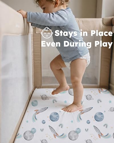 Nyessmee Pack and Play Sheets for Boys Girls, 38" x 26" Mini Crib Sheets Fitted for Pack n Play Mattress, Soft Breathable Playard Sheets, 2-Pack Blue Rocket - 3