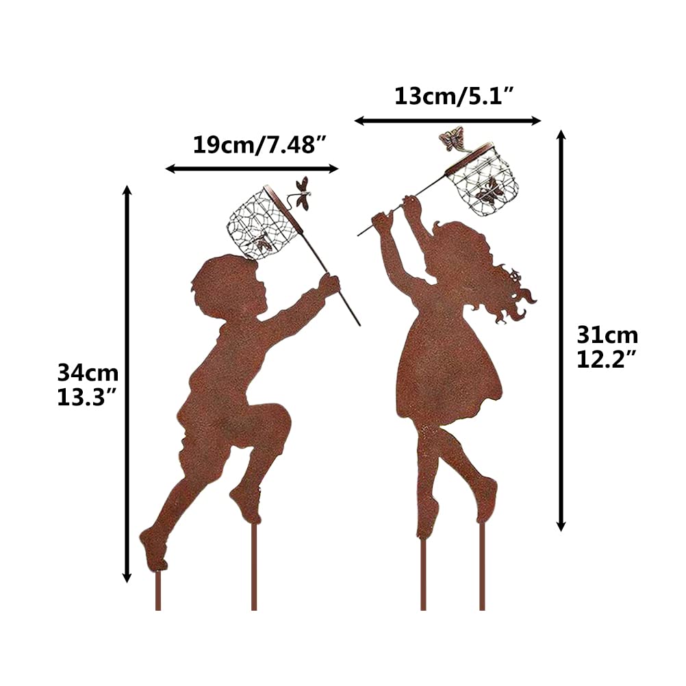 YQkoop Lovely Boy Girl Silhouettes Chasing Butterfly Vintage Metal Garden Silhouette Sculpture, Yard Garden Metal Stake Rustic Garden Decor for Lawn Patio