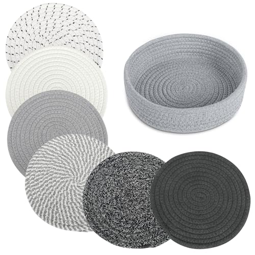 Buedm 8 Inch Trivets For Hot Dishes, Hot Pots And Pans,6 Heat Resistant Hot Pads And Storage Basket 1 Pack,Pot Holders For Kitchen cover