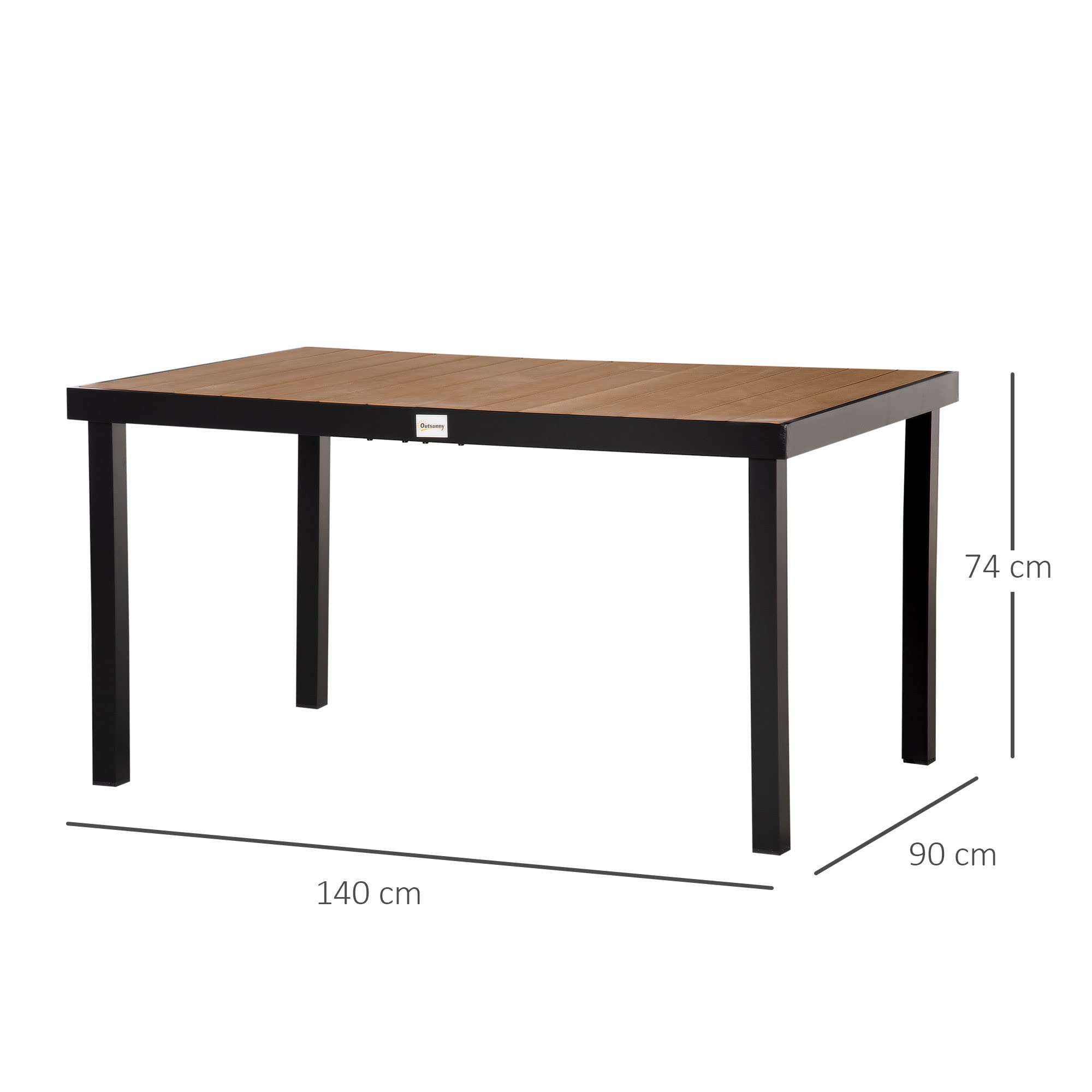 Outsunny Tavolo da Giardino per 6 Persone in Alluminio, Tavolo da Esterno in Plastica per Terrazzo e Balcone, Nero e Color Legno