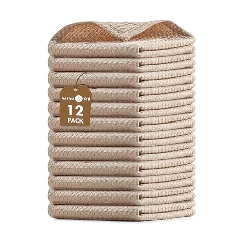 Native Fab Set of 12 Kitchen Dish Cloths Cotton 12x12 Absorbent Washable, Dish Towels, Restaurant Cleaning Towels, Bar Mops Towels, Rags for Home Kitchen Bars, Beige Cover