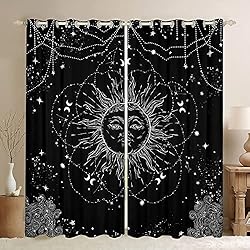 Cortinas Para Salas Estampadas Cortinas de ventana con estampado de sol y luna para dormitorio, sala de estar, niños, niñas, espacio exterior, mandala, estilo bohemio, exótico, blanco, negro, 46 x 72 pulgadas