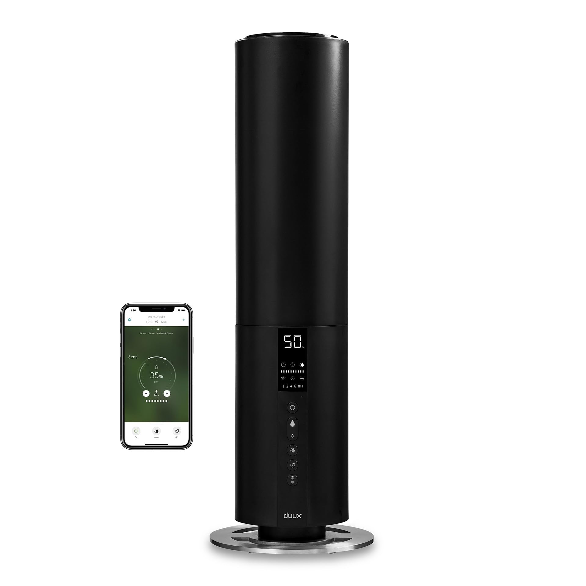 Duux Beam 2 Humidifier in a modern room, emitting mist