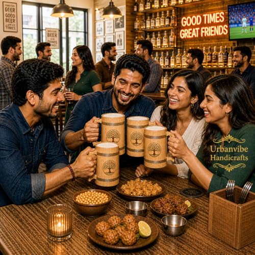 Image of Handmade Wooden Beer Mug, Wood with Sheesham Finish, Barrel Style, Lightweight & Durable, for Craft Beer, Home Bar, Cafe, Party, Gift(350ml) (Tree Inprint)