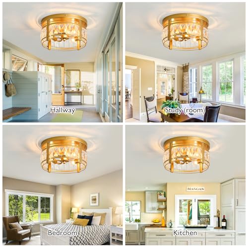 Image of Modern Crystal Ceiling Light Fixture 3 Lights Mini Flush Mount Chandelier Gold Cage Round Ceiling Light for Foyer Hallway Dining Room Living Room Bedroom