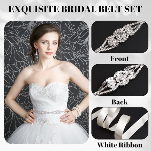Wedding Bridal Ribbon Belts, White Ribbon Sparkle Belt Distinctive Silver Rhinestone Belt Sewn for Women Accessories Dress Matching, 2meters3