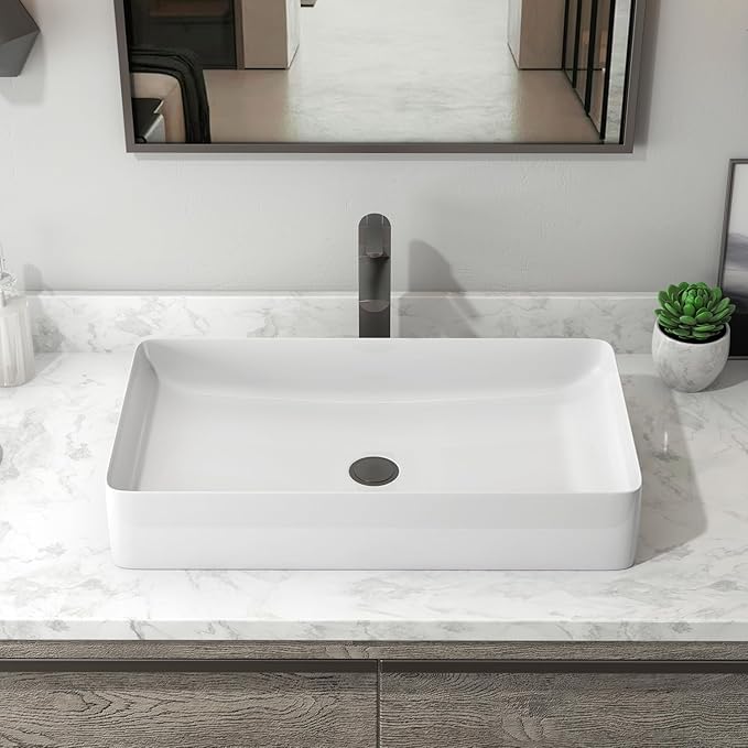 Image of QUALITO Wash Basin Countertop | Tabletop Ceramic Bathroom Sink | Wash Basin Over Counter | Wash Basin For Bathroom (24 x 14 x 5 Inch) (Glossy White)