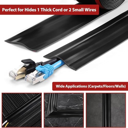 Image of ZhiYo 16.4ft Cord Cover for Wires on Floors or Walls, 2.2in Wide, Off White | Soft PVC cord hider with hook fastener for carpets. Easy to cut and install for extension cords, Ethernet & speaker cables