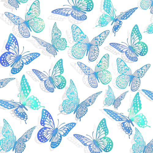 Image of SAOROPEB 3D Butterfly Wall Decor 48 Pcs Laser Blue Butterfly Decorations | 4 Styles 3 Sizes, Butterfly Birthday Decorations Butterfly Party Decorations Cake Decorations, Removable Stickers