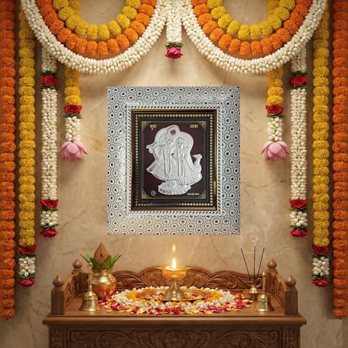 Image of ARTSMINE - 999 Pure Silver Radha Krishna Frame - Pure Silver Sheet with Purity Certificate & Resale Value | Pooja Room, Home & Office Decor | Wedding, Corporate & Housewarming Gift | Handcrafted Table Top & Wall Mount - 1 Unit (20 x 22 CM)