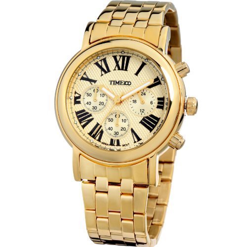 TIME100 Men's Roman Numerals Three-Circle Golden Steel Strap Watch