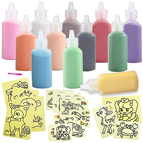 Yvjnxxan 12 Colored Sand Art Kit Scenic Sand,Art Sand,Craft Sand Art Assortment with 15 Sheets 3 Sizes Sand Art Painting Cards for Kids' Arts and Crafts