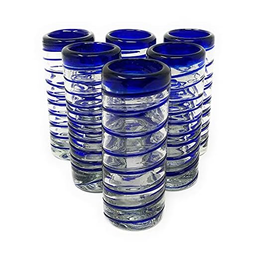 Dos Sueños Hand Blown Mexican Tequila Shot Glasses – Set of 6 Blue Spiral Tequila Shot Glasses (2 oz each) …