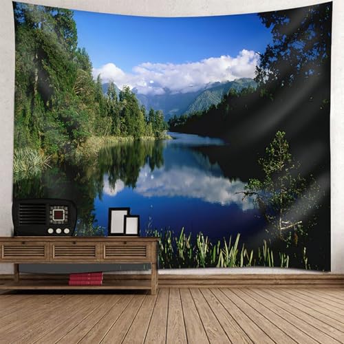 Tapisserie paysage forêt et lac aux finitions soignées pour décoration salon élégante