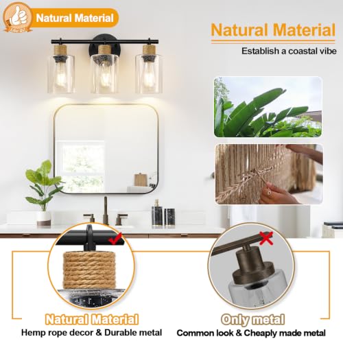 Image of MOKATNG Bathroom Light Fixtures, 3-Light Coastal Vanity Lights with Seeded Glass, Black Bathroom Wall Lamp for Mirror Kitchen Cabinet Hallway