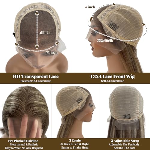 Image of Belaved Ombre Ash Brown Lace Front Wigs Human Hair HD Frontal Wig Human Hair Dark Brown Roots Pre Plucked Glueless 180% Density Seamless Highlights 13x4 Straight for Women 22 Inch 6T6P18