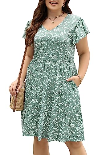 Image of Celkuser Womens Plus Size Summer Casual Midi Dress Short Ruffle Sleeve Tiered Empire Waist T-Shirt Dress with Pockets