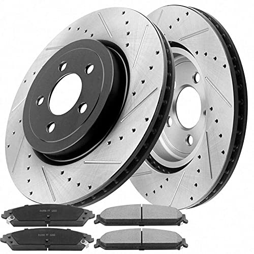 Image of MotorbyMotor Front Brake Kit fits for for Chrysler 300, Dodge Charger Challenger Magnum E-Coating Drilled & Slotted Rotors and Ceramic Brake Pads Replace 13.58 inch (345mm) Front Vented Rotors