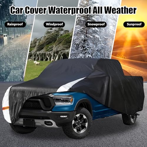 Image of Truck Cover Waterproof All Weather, 210D Oxford Cloth 10 Layers Full Truck Cover for Snow Sun Rain Protection, Truck Cover Fit for Ford F150 Chevrolet Silverado Dodge Ram 1500