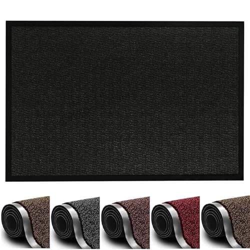 Heavy Duty Non-Slip Barrier Door Mat – Washable Dirt Trapper Mat for Indoor & Outdoor Use Super Absorbent Rubber Backed Entrance Rug for Home, Kitchen, Hallway, Office or Garage (Black, 60 x 80 cm)