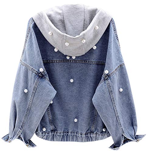 Kedera Women Oversized Detachable Hoodie Denim Jacket Pearls Beading Jeans Coat