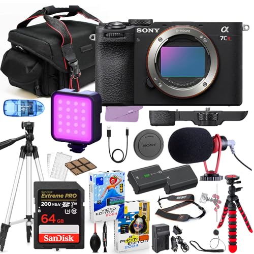 Sony a7CR Mirrorless Camera Body Only (Black) Bundle + Premium Accessory Package Including 64GB Extreme Memory, Case, Microphone, LED Light, Photo-Video Software & More (23 Pieces)