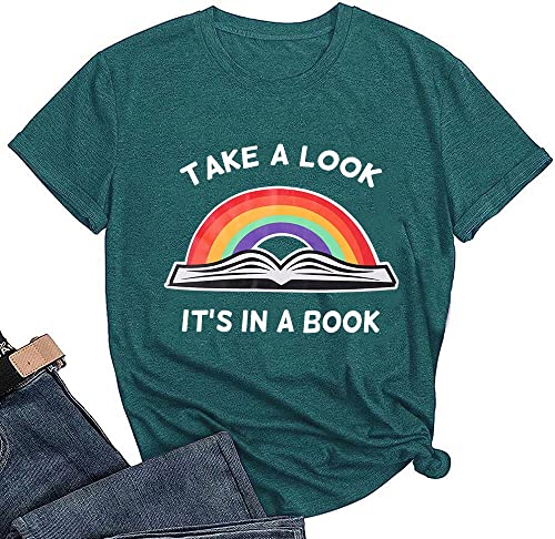 Take A Look Its in A Book Women T Shirt Funny Letter Print Casual Loose Fit Vintage Shirts Rainbow Graphic Tees-S(Green)