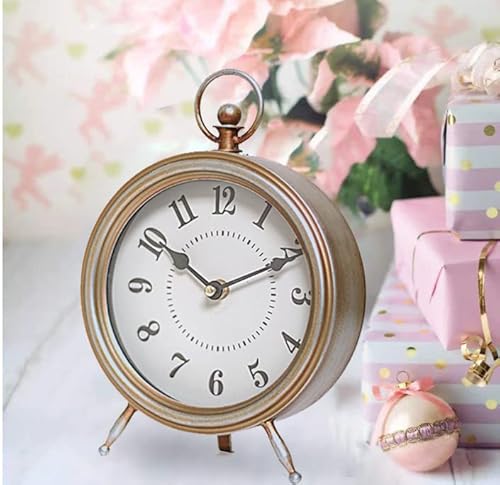 Emax Home Vintage Table Clock On Stand, Decorative Desk And Shelf Clock Rustic Mantel Clock Non-Ticking, Metal Frame With Antique Gold Finish #TOP2