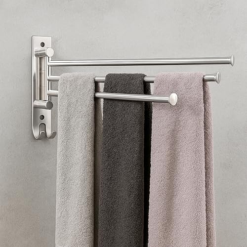 Image of ACHRO Self Adhesive and Wall Mount Swivel Towel Rack, 15 Inch Thicken 304 Stainless Steel 3-Arm Towel Bar, Space Saving, Rustproof Swing Out Towel Hanger for Bathroom, Kitchen (Brushed Nickel)