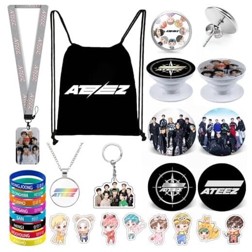 YX&ST Kpop Gifts Set for Ateez, Including Drawstring Bag Backpack, Necklace, Earrings, Bracelets, Button Pins, Lanyard ID Holder, Cartoon Badge, Phone Ring Holder
