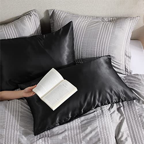 Image of Bedsure Satin Pillowcase with Zipper,King Pillow Cases Set of 2 | Similar to Silk Pillow Cases 2 Pack, Silky & Soft Pillow Cover for Hair and Skin, Gifts for Women Men, Black, 20x36 Inches