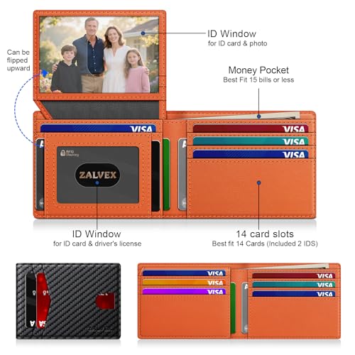 Image of Wallet for Men Slim RFID Blocking Leather Credit Card Holder Wallet for 14 Cards, Bifold Minimalist Thin Wallet with 2 ID Windows & Cash Slot, Front Pockt Carteras Para Hombres, Birthday Gifts for Men