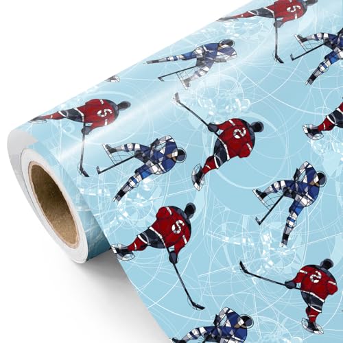 WRAPAHOLIC Ice Hockey Wrapping Paper Roll - Mini Roll - 17 Inch x 16.5 Feet - Blue Ice Hockey Player Winter Sports Wrapping Paper for Birthday Sports Party Team Celebration