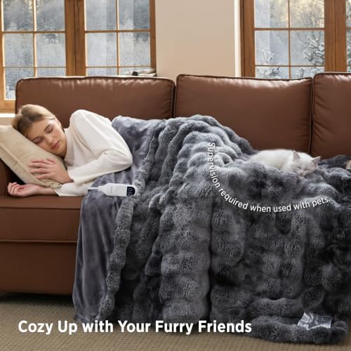Image of Bedsure Bubble Faux Fur Heated Blanket Electric Throw, Tie-dye Dark Grey