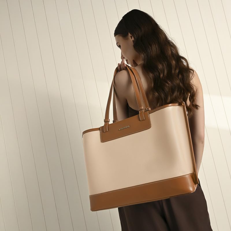 Image of Accessorize London Women's Beige & Tan Two-Tone Adore Work Tote | Spacious Shoulder Bag for Office & Travel