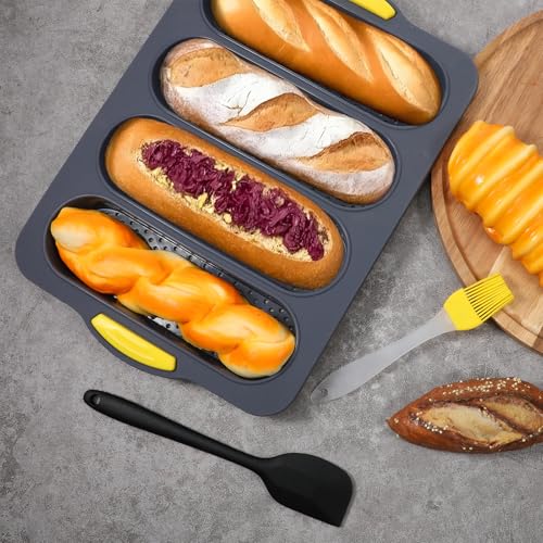 JJUNW Set of 5 Silicone Hamburger Bun Mold, 4/6/9 Cup Silicone Hotdog Bun Pan with Spatula Brush, Mini Baguette Pans Bread Baking Pan for Homemade Hamburger Buns