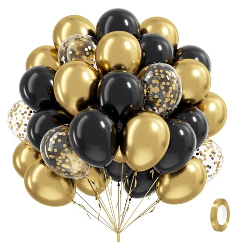 Black and Gold Balloons 60pcs 12inch Black Metallic Gold Confetti Balloons for Graduation 2025 Anniversary Birthday Party Decorations