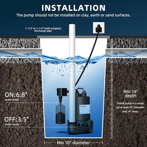 BYWTER 1/2 HP Sump Pump, 4600 GPH High Flow, 22 FT Lift, 115V Cast Iron Sewage Pump with Built-in Vertical Float Switch, Heavy Duty Sewage/Effluent Pump for Basement, 10 FT Power Cord