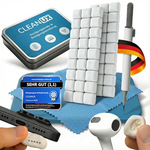 CLEANUX Reinigungsknete Handy Reinigungsset – iPhone Zuebhör mit 60 Reinigungsknete-Portionen, Multifunktionswerkzeug & Mikrofasertuch – Ladebuchse Reiniger für AirPods, USB-C & Lautsprecher