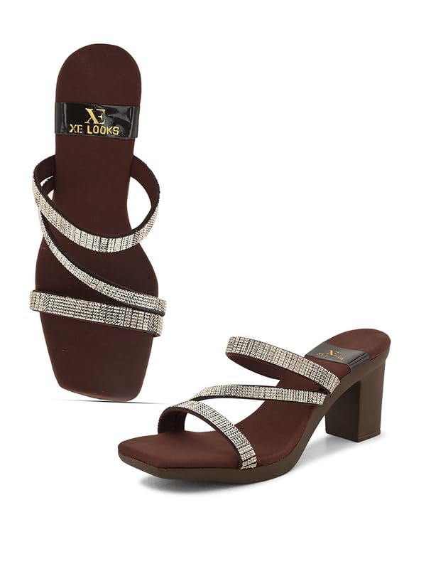 XE Looks Women's Fashion Sandals | Faux Leather Soft and Trendy SlipOn Block Heel | Casula & Wedding Occasion | For Women & Girls