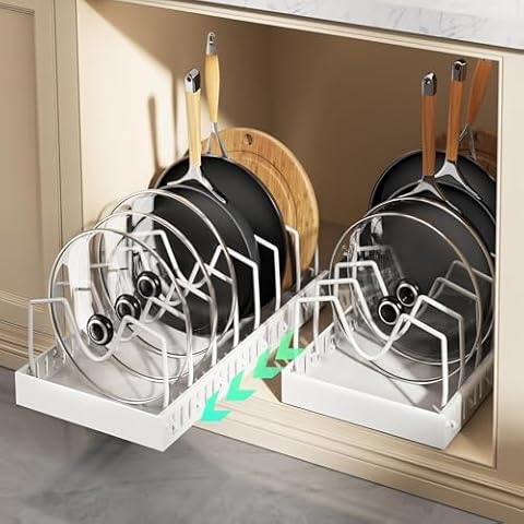 Pull Out Pots and Pans Organizer Under Cabinet, Sliding Lid Holder and Pan Rack in Kitchen, Slide Out inside Cabinet Storage for Pot Lid, Bakeware, Dishes, 8 Adjustable Dividers, 2 Pack White Cover