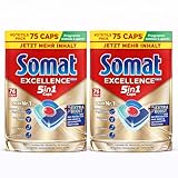 SOMAT Excellence Premium 5in1 Caps (2x 75), schnellauflösende Spülmaschinentabs mit Extra Boost auch im Niedrigtemperatur-, Kurz- & Eco-Programm, entfernen selbst 72 h eingetrocknete Essensreste